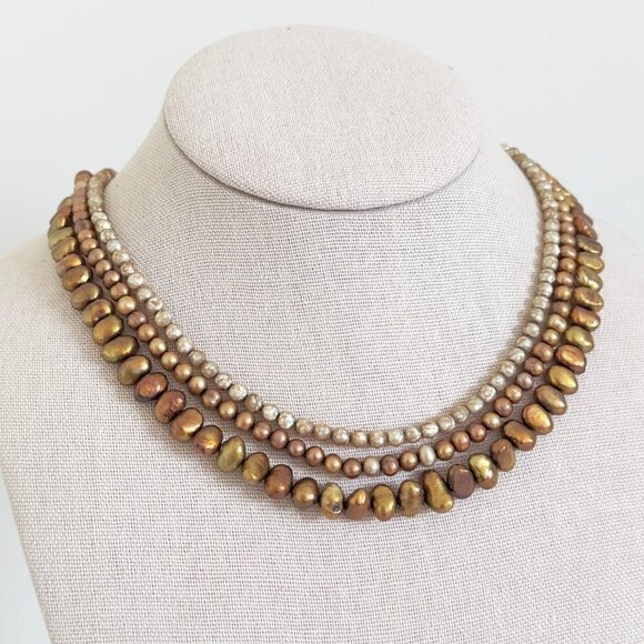 Vintage 14K Yellow Gold Triple Strand Genuine Brown Pearl Round Baroque Necklace - Picture 2 of 10